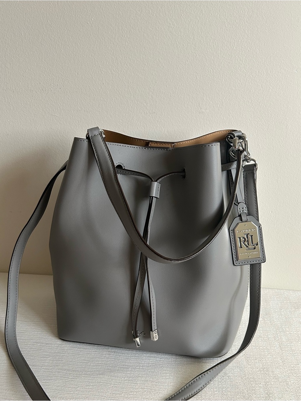 Ralph Lauren Light Gray Leather Drawstring Bucket Bag